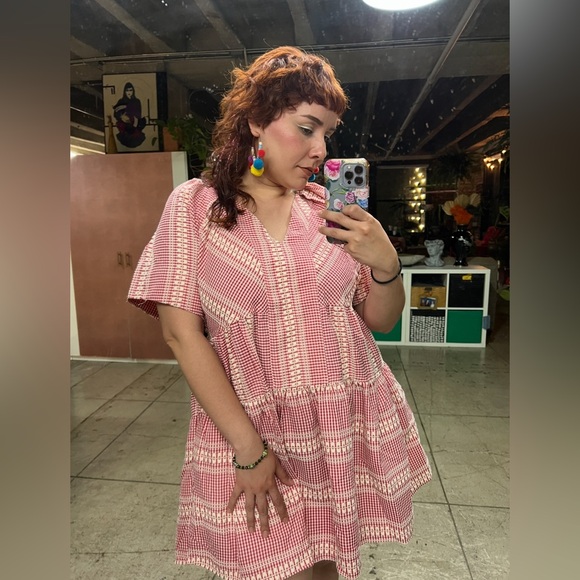 🟠 94B. Embroidered Stripe Detail Gingham Mini Dress - Red - Picture 13 of 13